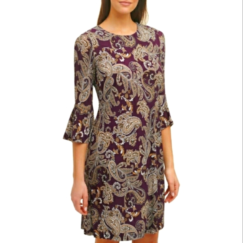 Tommy Hilfiger Women's Bell Sleeve Purple Pasley Stretch Zip Mini Dress Size 8P